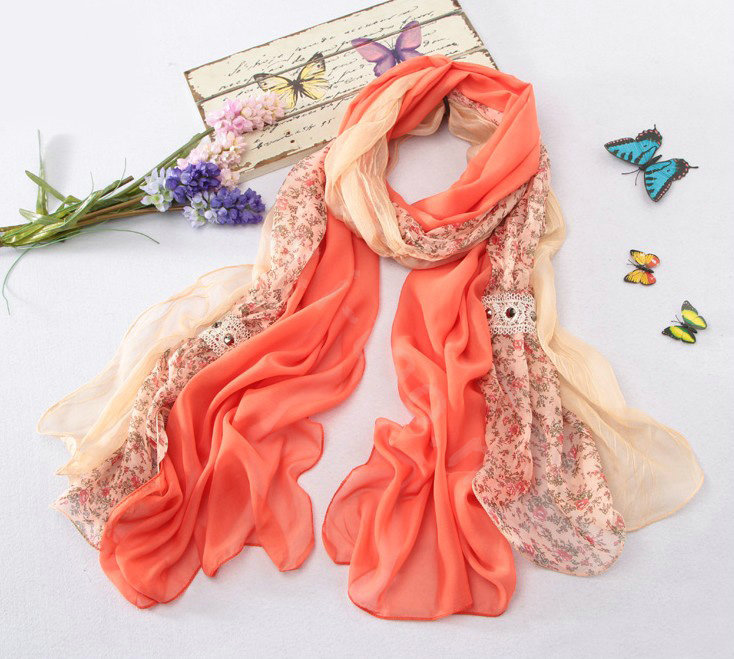 High-end fashion women long floral diamond lace chiffon silk scarf shawl wrap - Orange