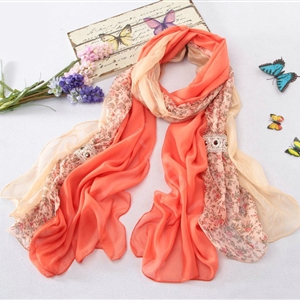 High-end fashion women long floral diamond lace chiffon silk scarf shawl wrap - Orange