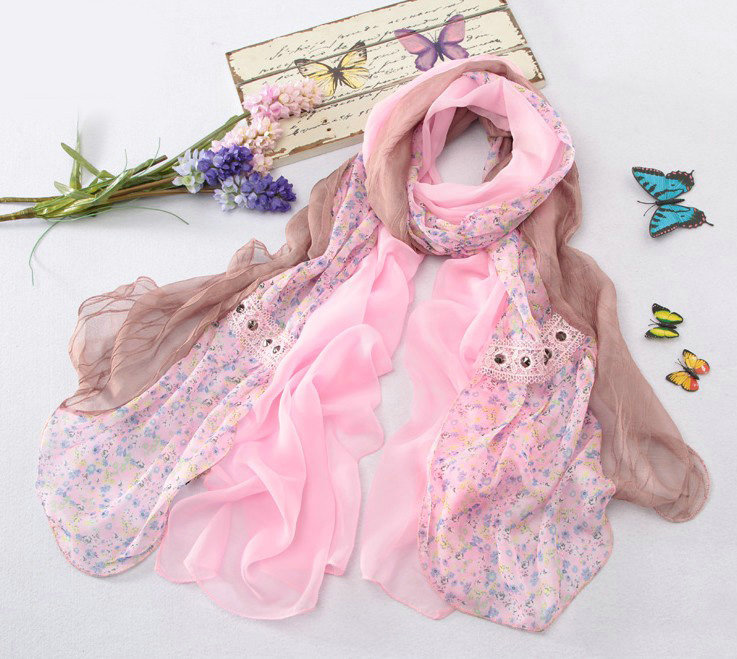 High-end fashion women long floral diamond lace chiffon silk scarf shawl wrap - Pink