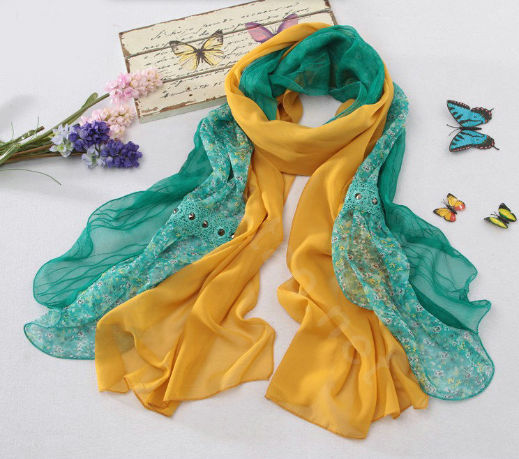 High-end fashion women long floral diamond lace chiffon silk scarf shawl wrap - Yellow