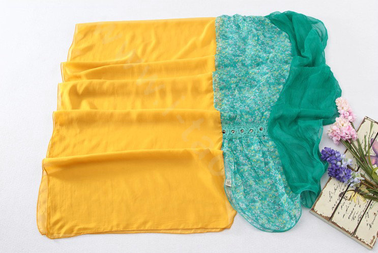 High-end fashion women long floral diamond lace chiffon silk scarf shawl wrap - Yellow