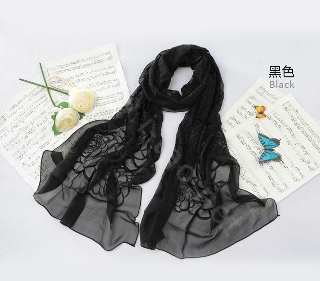 High-end fashion women long rose embroidery mulberry silk scarf shawl wrap - Black