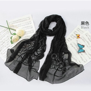 High-end fashion women long rose embroidery mulberry silk scarf shawl wrap - Black