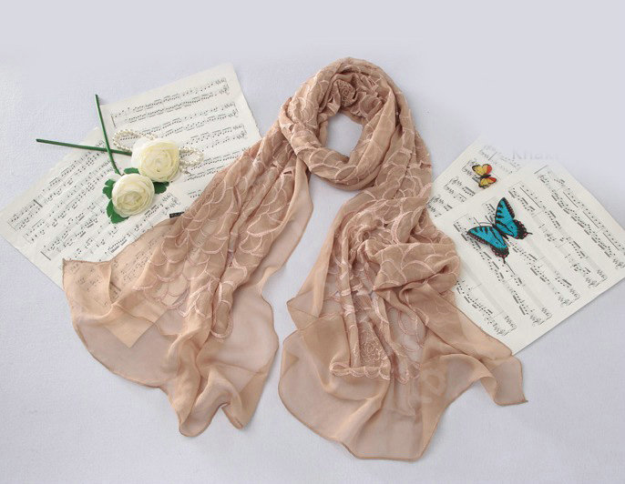 High-end fashion women long rose embroidery mulberry silk scarf shawl wrap - Khaki