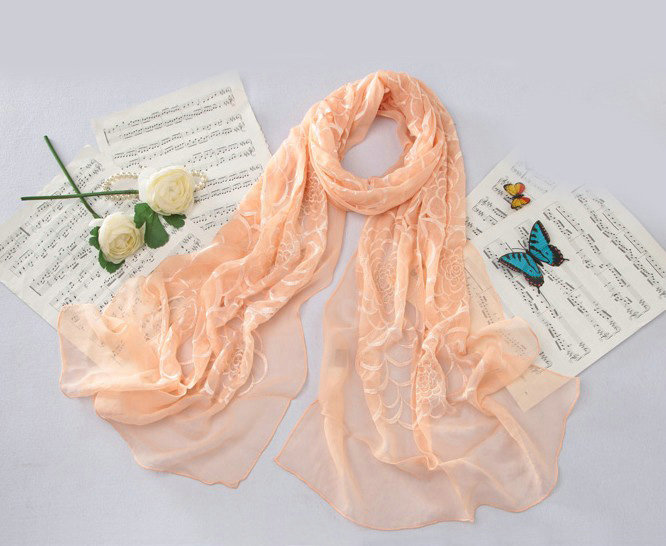High-end fashion women long rose embroidery mulberry silk scarf shawl wrap - Orange