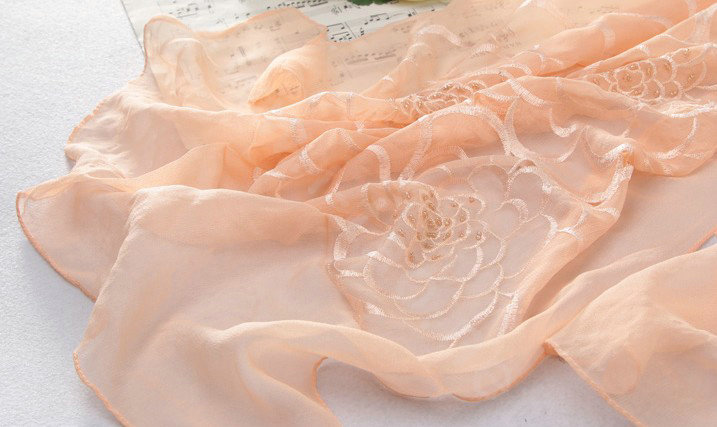 High-end fashion women long rose embroidery mulberry silk scarf shawl wrap - Orange