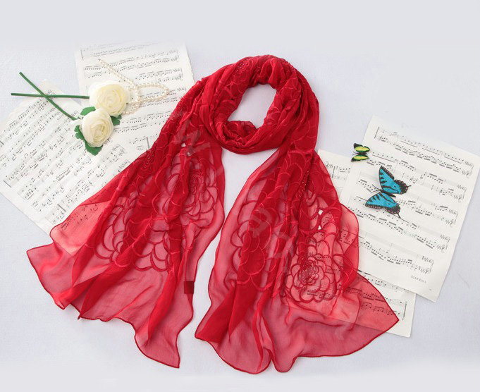 High-end fashion women long rose embroidery mulberry silk scarf shawl wrap - Red