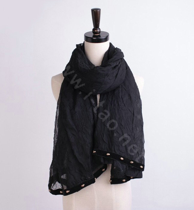 High-end fashion women long solid color skull chiffon silk scarf shawl wrap - Black