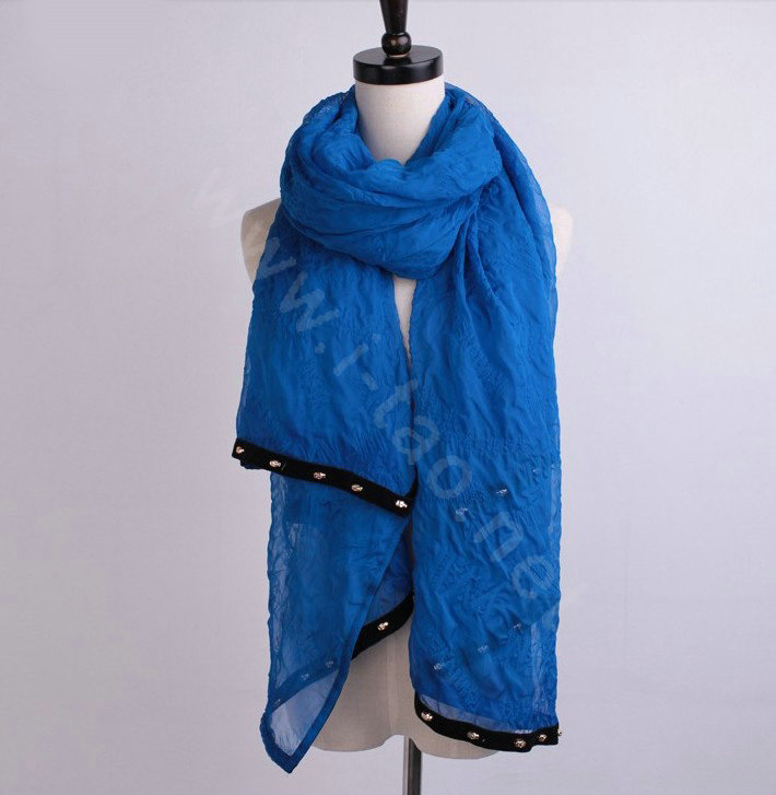 High-end fashion women long solid color skull chiffon silk scarf shawl wrap - Blue
