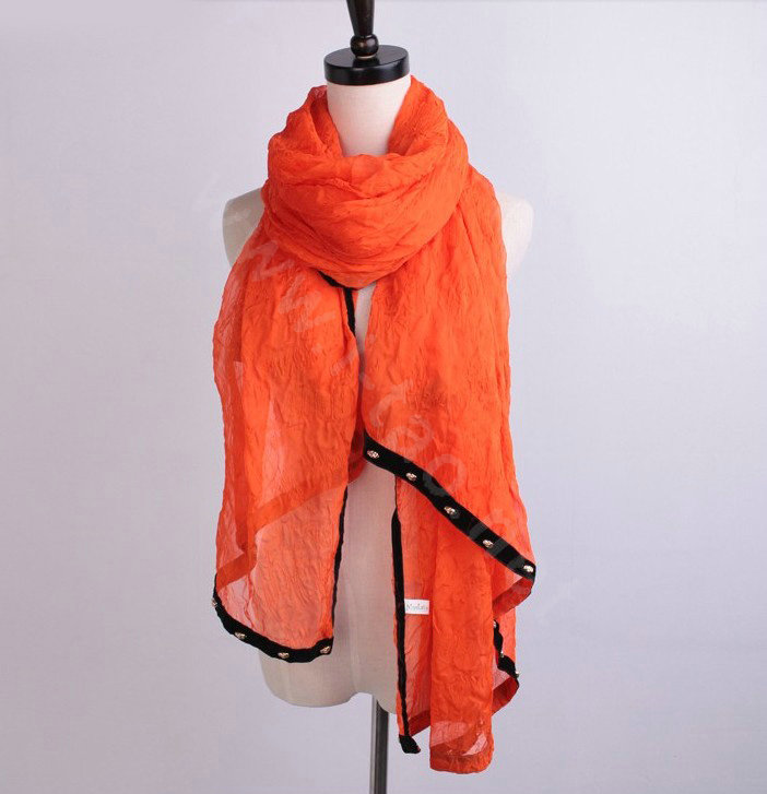 High-end fashion women long solid color skull chiffon silk scarf shawl wrap - Orange