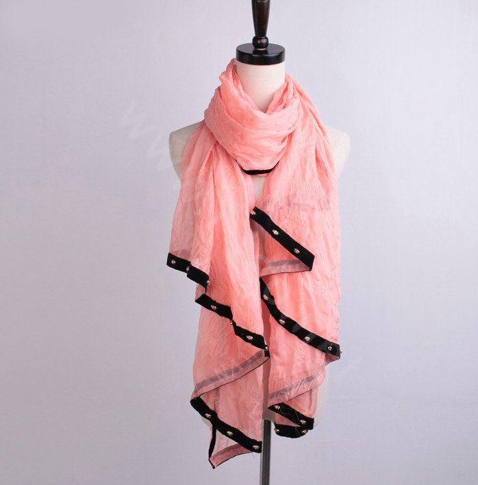 High-end fashion women long solid color skull chiffon silk scarf shawl wrap - Pink