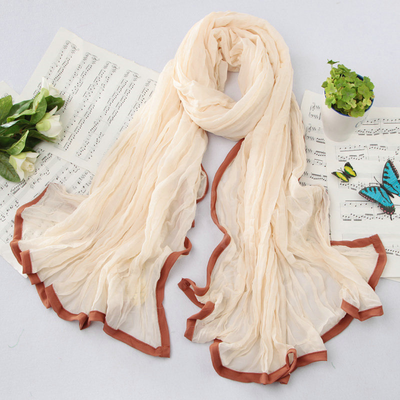 High-end fashion women real silk long soft solid color scarf shawl wrap - Beige