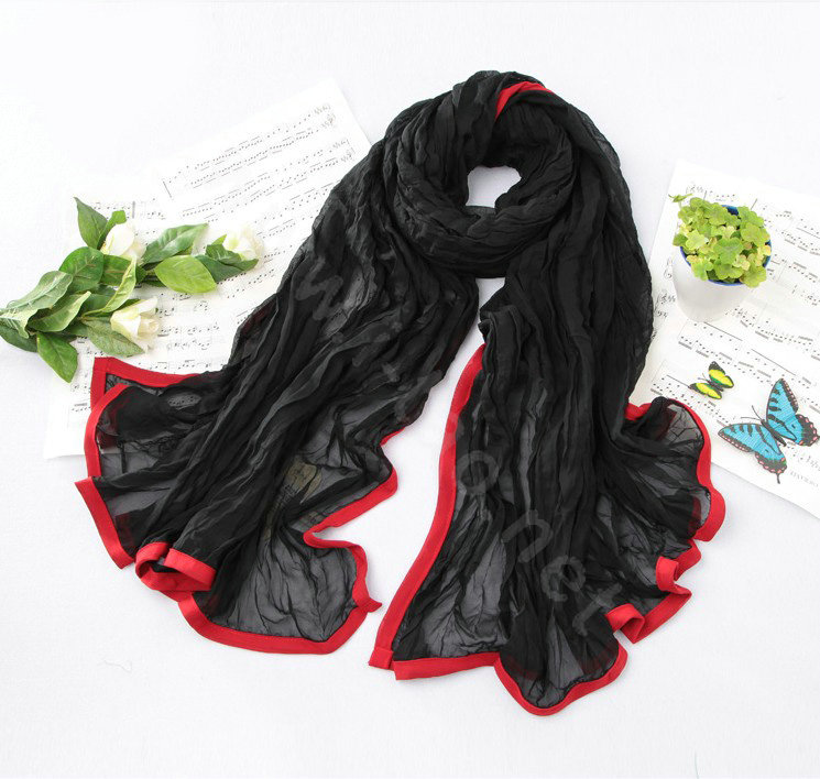 High-end fashion women real silk long soft solid color scarf shawl wrap - Black