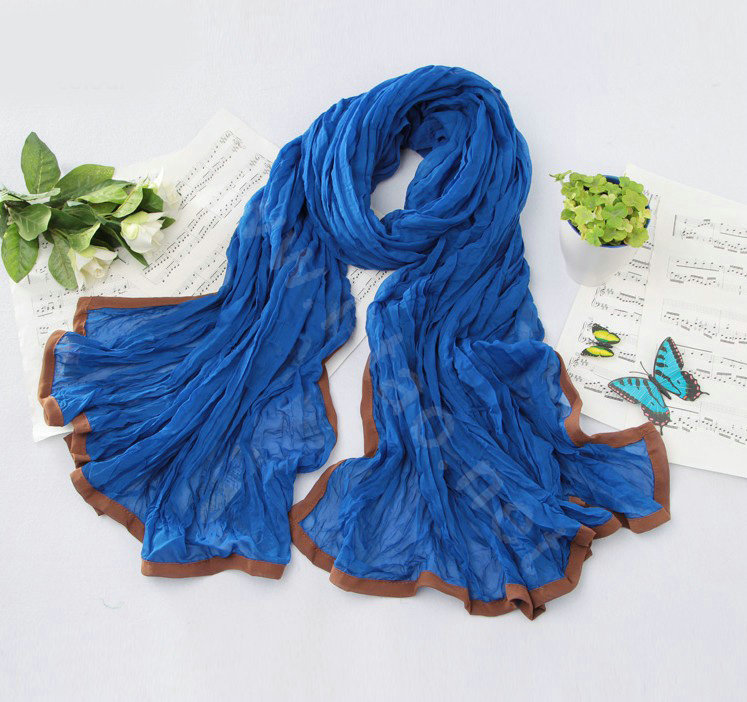 High-end fashion women real silk long soft solid color scarf shawl wrap - Blue