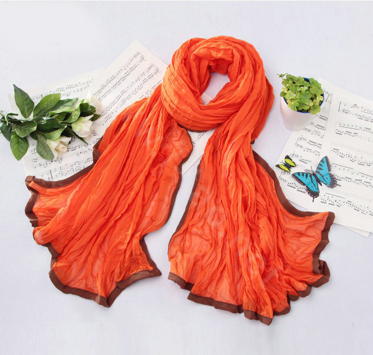 High-end fashion women real silk long soft solid color scarf shawl wrap - Orange