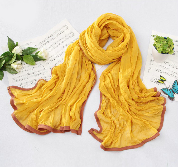 High-end fashion women real silk long soft solid color scarf shawl wrap - Yellow