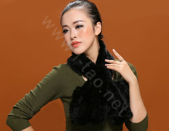 Knitted Mink fur scarf women winter warm female Flower wave neck wraps - Black
