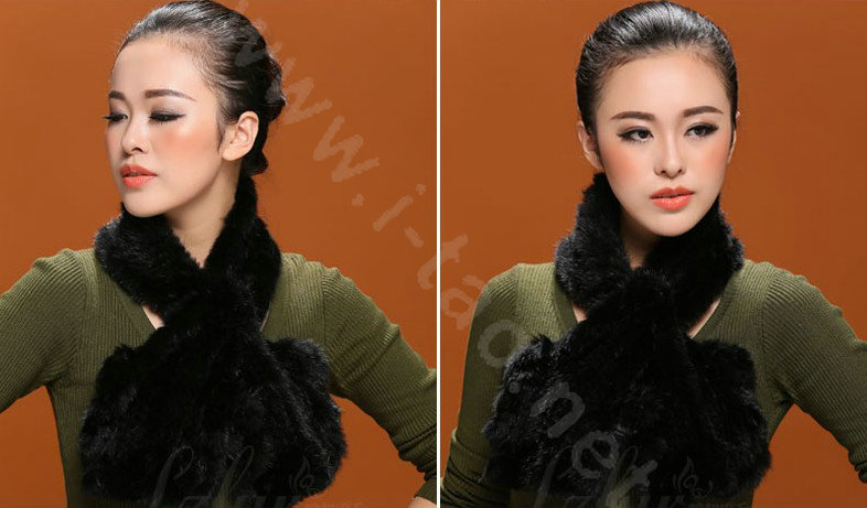 Knitted Mink fur scarf women winter warm female Flower wave neck wraps - Black