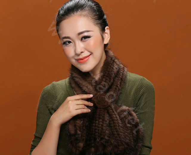 Knitted Mink fur scarf women winter warm female Flower wave neck wraps - Coffee