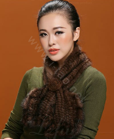 Knitted Mink fur scarf women winter warm female Flower wave neck wraps - Coffee