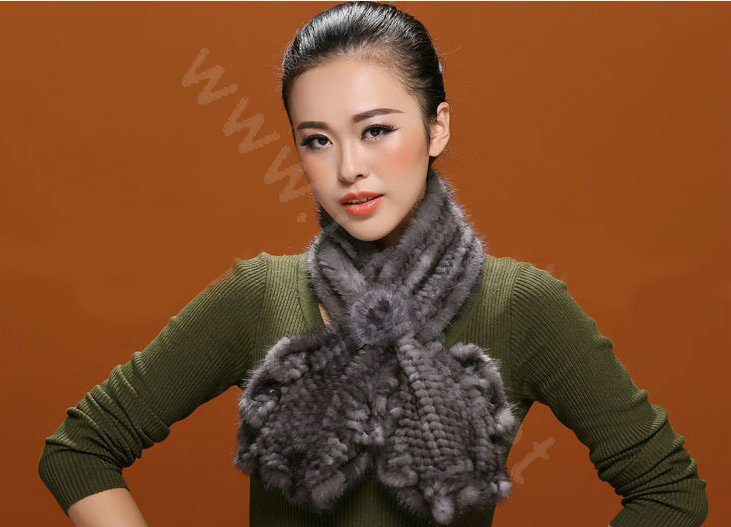 Knitted Mink fur scarf women winter warm female Flower wave neck wraps - Dark Grey