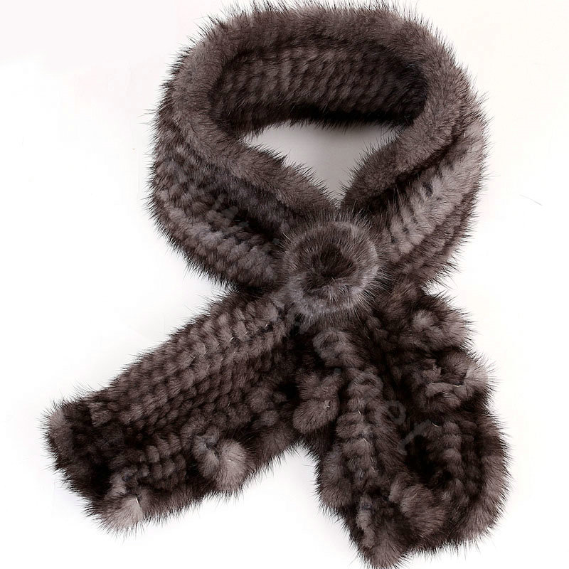 Knitted Mink fur scarf women winter warm female Flower wave neck wraps - Dark Grey