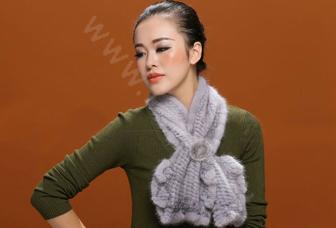 Knitted Mink fur scarf women winter warm female Flower wave neck wraps - Grey