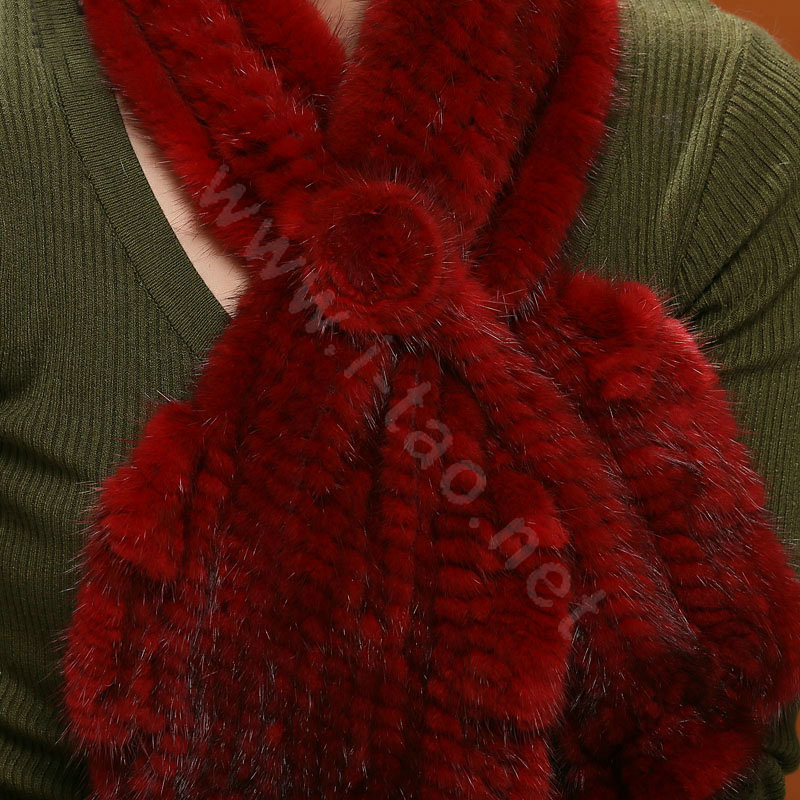 Knitted Mink fur scarf women winter warm female Flower wave neck wraps - Red
