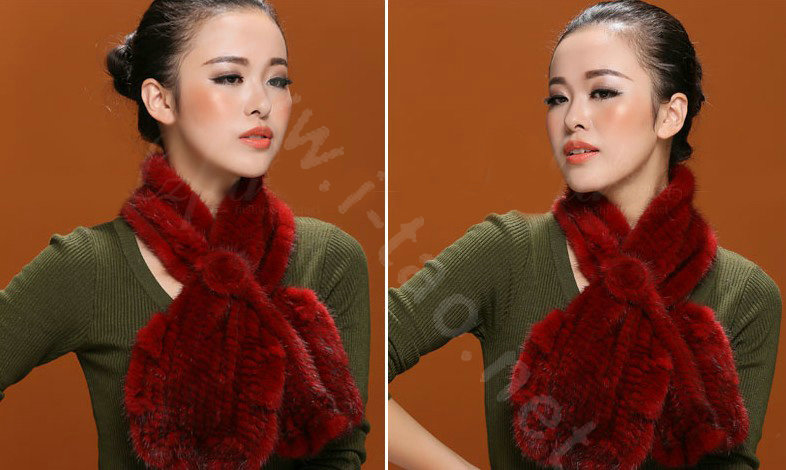 Knitted Mink fur scarf women winter warm female Flower wave neck wraps - Red