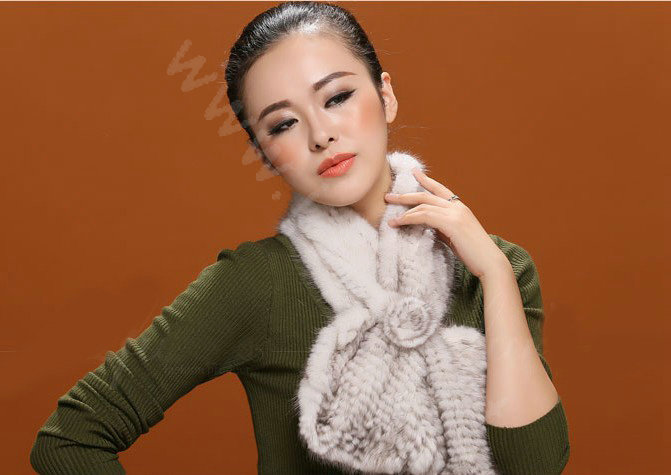 Knitted Mink fur scarf women winter warm female Flower wave neck wraps - White Black