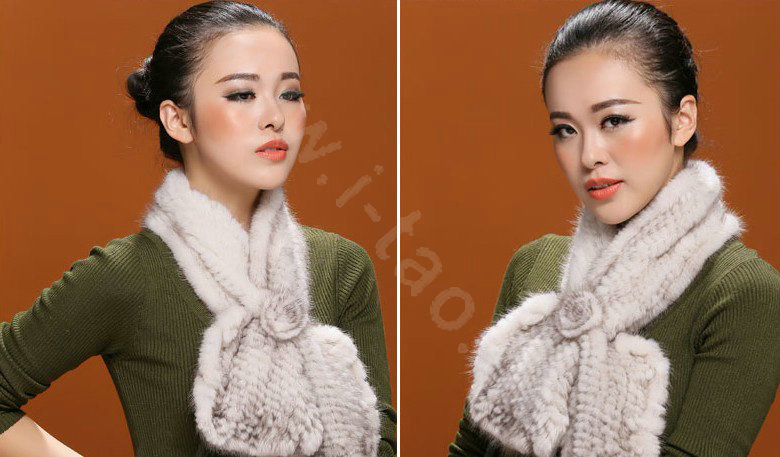 Knitted Mink fur scarf women winter warm female Flower wave neck wraps - White Black