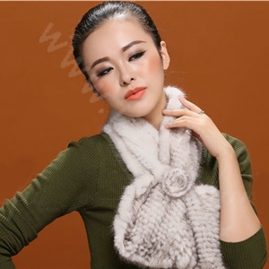 Knitted Mink fur scarf women winter warm female Flower wave neck wraps - White Black