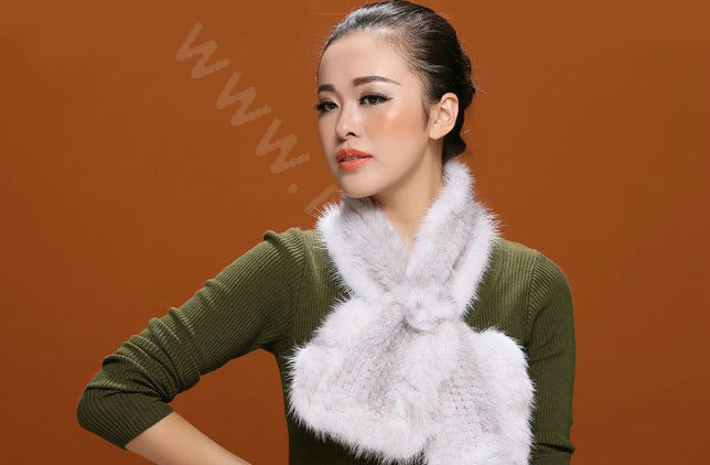 Knitted Mink fur scarf women winter warm female Flower wave neck wraps - White Grey