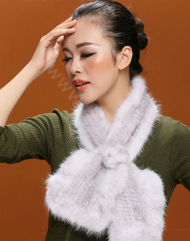 Knitted Mink fur scarf women winter warm female Flower wave neck wraps - White Grey