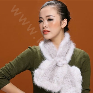 Knitted Mink fur scarf women winter warm female Flower wave neck wraps - White Grey
