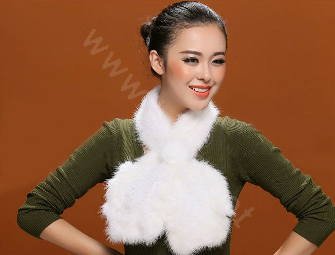 Knitted Mink fur scarf women winter warm female Flower wave neck wraps - White