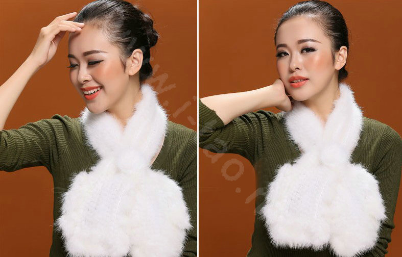 Knitted Mink fur scarf women winter warm female Flower wave neck wraps - White