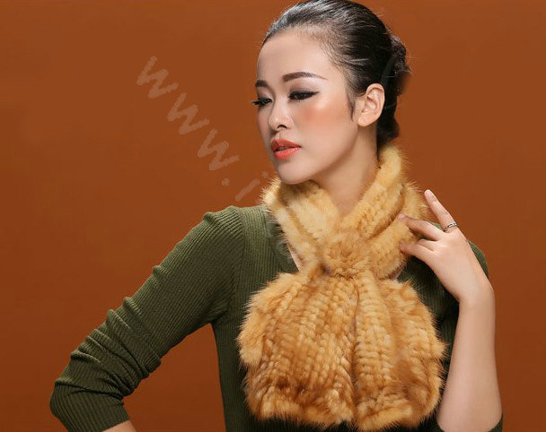 Knitted Mink fur scarf women winter warm female Flower wave neck wraps - Yellow
