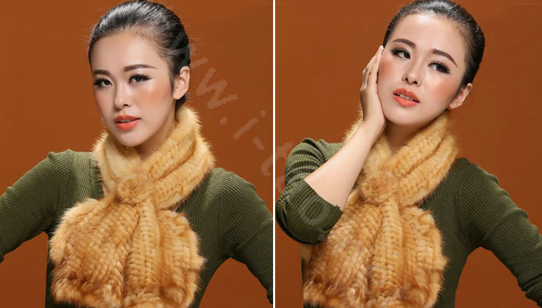 Knitted Mink fur scarf women winter warm female Flower wave neck wraps - Yellow