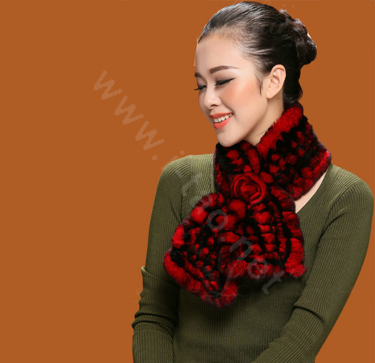 Knitted Rex Rabbit fur scarf women winter warm female Flower wave neck wraps - Black Red