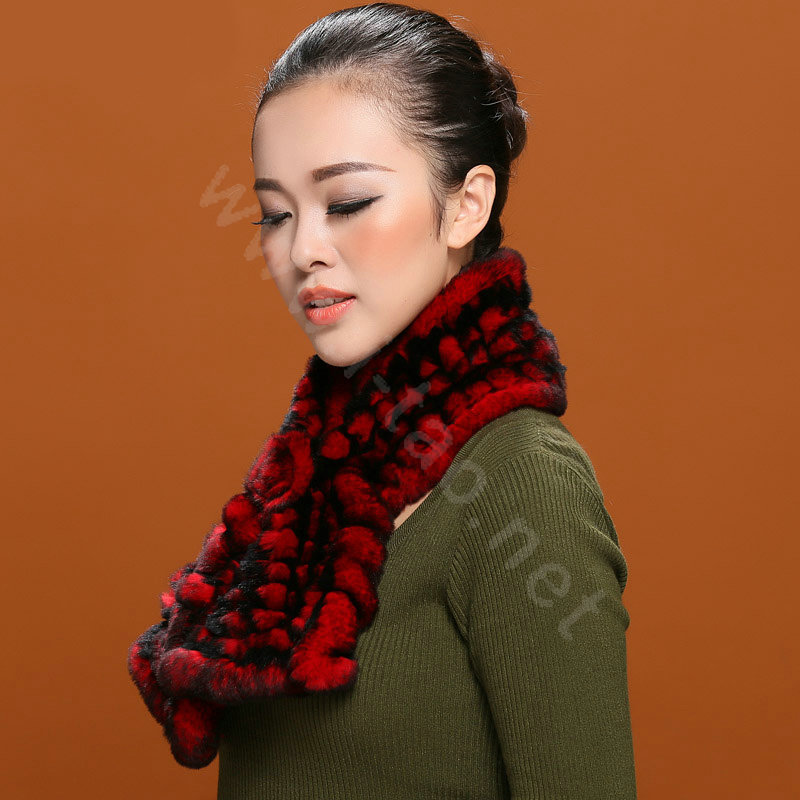 Knitted Rex Rabbit fur scarf women winter warm female Flower wave neck wraps - Black Red