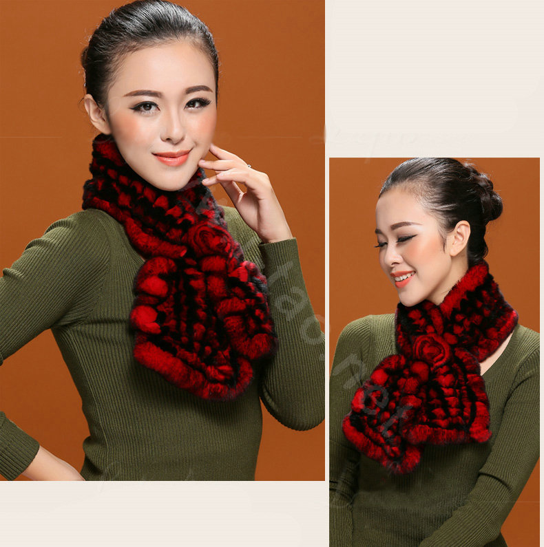 Knitted Rex Rabbit fur scarf women winter warm female Flower wave neck wraps - Black Red