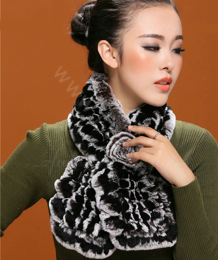 Knitted Rex Rabbit fur scarf women winter warm female Flower wave neck wraps - Coffee Black