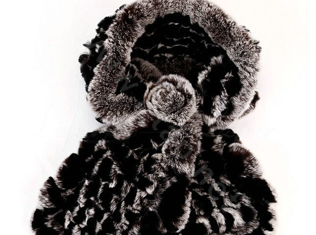 Knitted Rex Rabbit fur scarf women winter warm female Flower wave neck wraps - Coffee Black
