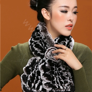 Knitted Rex Rabbit fur scarf women winter warm female Flower wave neck wraps - Coffee Black
