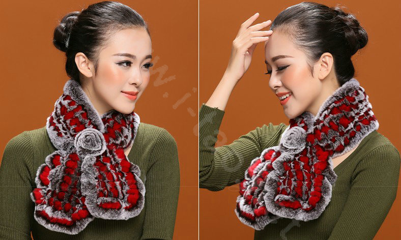 Knitted Rex Rabbit fur scarf women winter warm female Flower wave neck wraps - Coffee Red