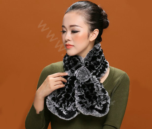 Knitted Rex Rabbit fur scarf women winter warm female Flower wave neck wraps - Grey Black