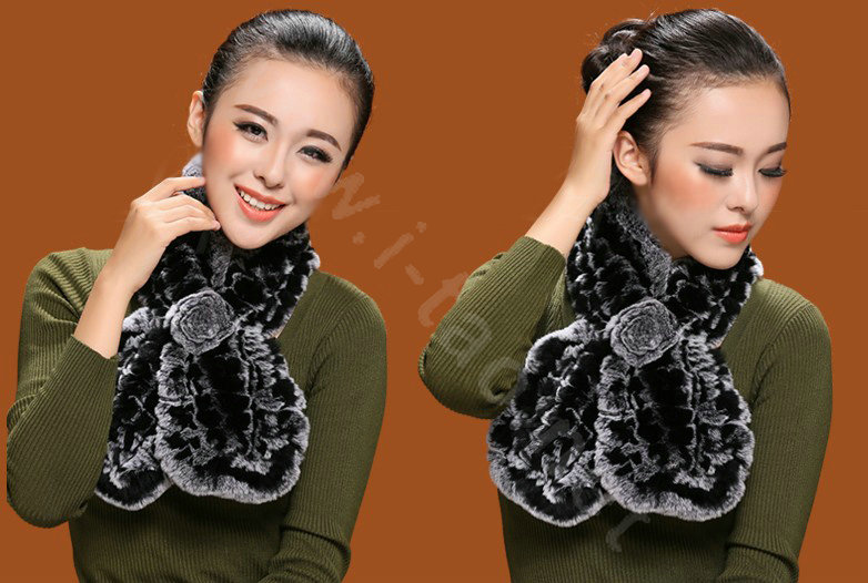 Knitted Rex Rabbit fur scarf women winter warm female Flower wave neck wraps - Grey Black