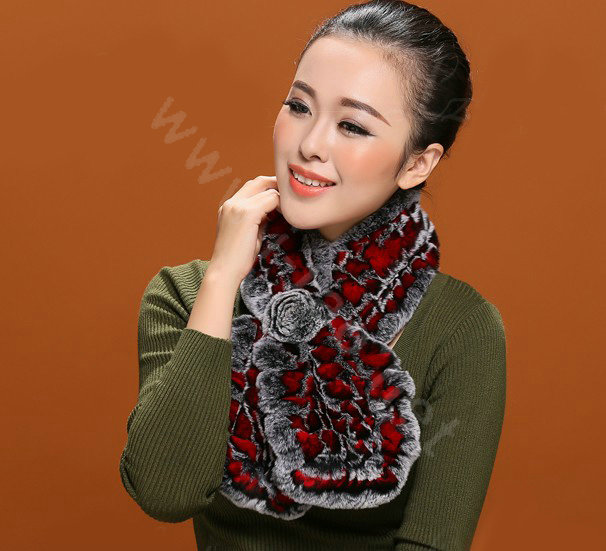 Knitted Rex Rabbit fur scarf women winter warm female Flower wave neck wraps - Grey Red