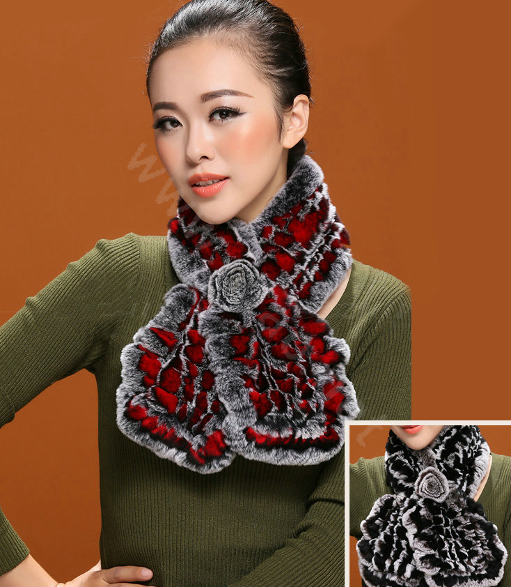 Knitted Rex Rabbit fur scarf women winter warm female Flower wave neck wraps - Grey Red